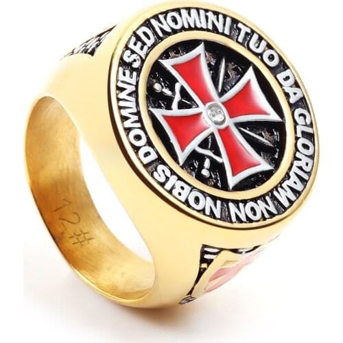 Monla antique stainless steel gold/silver color Red iron knights templar men cross ring cubic zirconia setting jewelry
