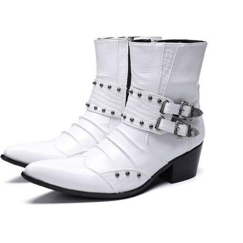 Mens High Heels Dress Ankle Zip Leather Boots Autumn British Retro Men Motorcycle Boots Casual Shoes White Buckle Zapatillas