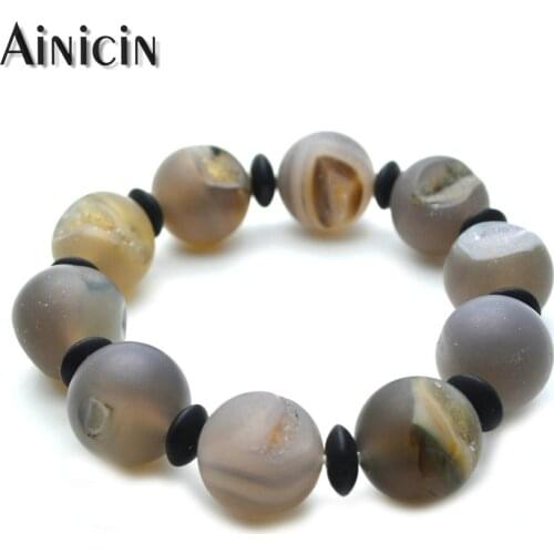 Gray Color Natural Druzy Crystal 18mm Round Beads Strand Bracelets 8'' Fashion Mens Big Wrist Bangles Special Gift Jewelry 1pc