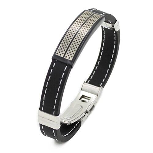 Trendy Black Stainless Steel Cuff Rubber Wristband Men Boys Cool Bangle