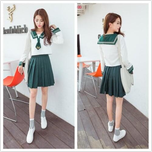New British School Uniform Student Long Sleeve College Clothes Japan Sailor Clothes Class Girl Student Green Collar D-0196