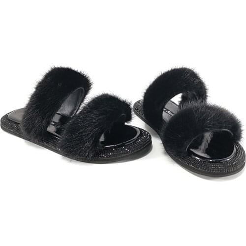 New Womens Slippers In The Summer Of 2021 100% Flat Bottom Mink Wool Shoes Fashionable Shiny Diamond Sandals Simple Atmosphere