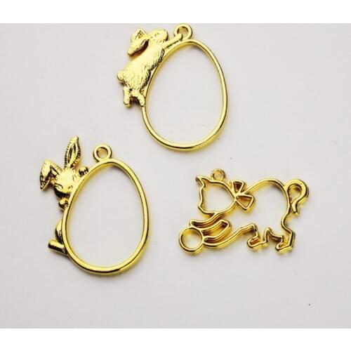 NEW Rabbit cat playing with a ball Metal Frame Pendant Gold Charm Bezel Setting Cabochon Setting UV Resin Charm Jewelry Findings