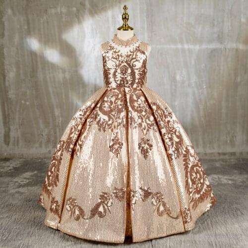 Flower Girl Dresses Crystal Sequined High Sleeveless Princess Floor-Length Jersey Lace Luxury Gold Vintage Kids Party Gown H610