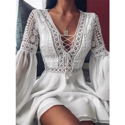 Spring Flare Long Sleeve Chiffon Mini Dress Summer Sexy Hollow Out Women Party Dress Elegant Crochet Lace V-Neck Beach Sundress