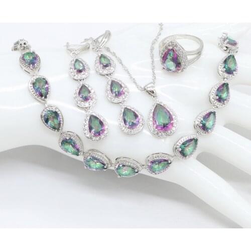 XUTAAYI Rainbow Cubic Zirconia Silver Color Jewelry Sets For Women Wedding Flower Shaped Earring Pendant Necklace Ring Bracelet