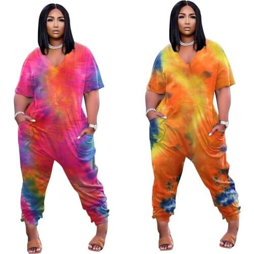 Plus Size Womens Clothing Sexy V Neck Personality Tie Dye Printing Fashion Street Wear Short Sleeved Casual Loose Jumpsuit
