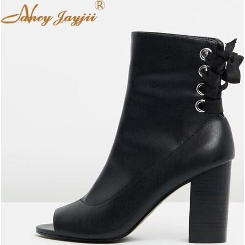 Genuine Leather Cow Leather Women Adult Lady Lace-up Boots Butterfly-knot Black Solid Ankle Peep Toe Super High Square heels