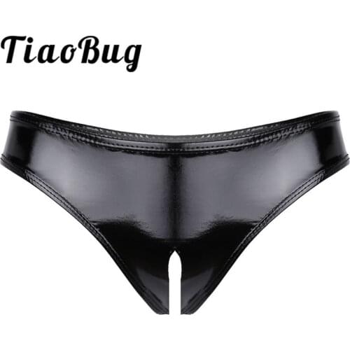 TiaoBug Black Women Lingerie Wet Look Patent Leather Briefs Crotchless High Cut Mini Briefs Underwear Sexy Low Waist Underpants