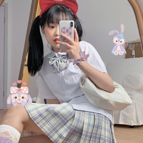 Japanese-Style College-Style Short-Sleeved Bow Tie Shirt Top + Plaid Pleated Skirt JK Uniform Two Piece Suit Womens Summer