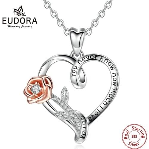 EUDORA Sterling Silver Rose gold Rose Pendant Necklace I Love You Heart Necklaces Cubic Zirconia Fashion Jewelry For Women D433