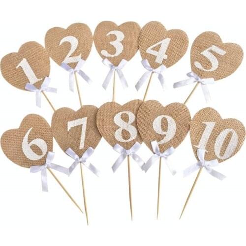 10 pieces Burlap Hearts Flags Wedding Table Numbers Props Rustic Table Decoration Wedding Decoration Party Supplies 5BB5794