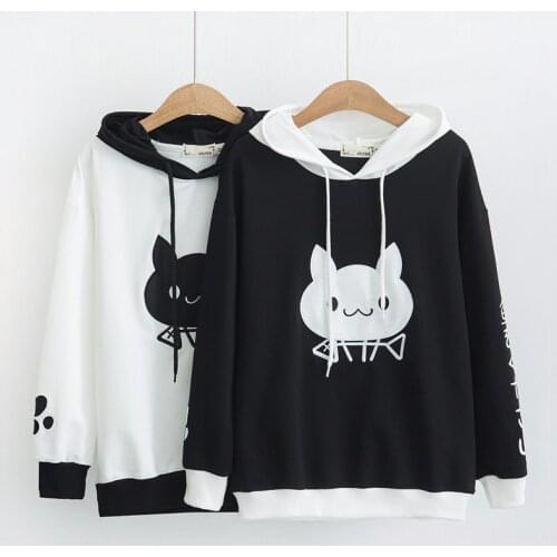 2020 Autumn Fashion Hoodies Pullover Japanese Kawaii Cat Words Women Sweetshirts Harajuku Kawaii Female Black White Sweatshirt
