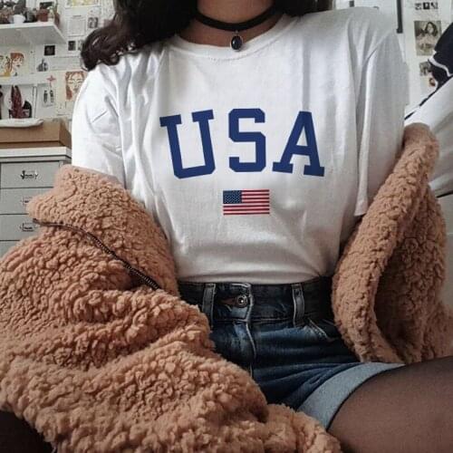 USA Letter print tops Summer short sleeve women fun ins chic Streetwear vintage Casual women t-shirt