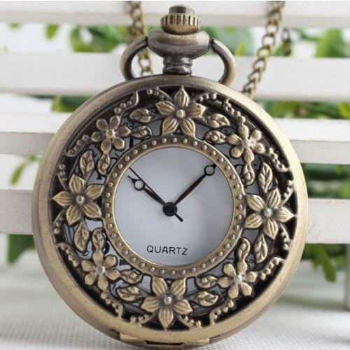 New fashion quartz 5 petals hollow out woman classic clock Necklace pocket watches gift