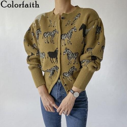Colorfaith New 2021 Womens Autumn Winter Sweaters Elegant Cardigans Zebra Fashionable Vintage Knitted Lady Knitwears SWC1562JX
