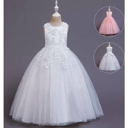 Kids Dresses For Girls White Pink Embroidered Gown Princess Dress Children Formal Evening Party Dress Flower Girls Wedding Dress