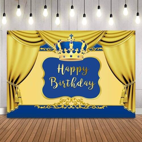 Boy Prince Birthday Backdrop Golden Curtain Crown Background for Photo Studio Dark Blue Newborn Children Portrait Photocall Prop
