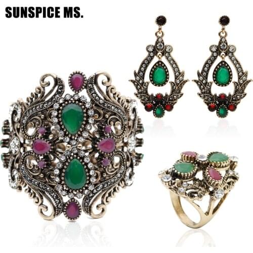 Hot Bangle Earring Ring 3pcs Jewelry Sets Turkish Vintage Resin Jewelry Antique Gold Color Indian Women Wedding Flower Bijoux