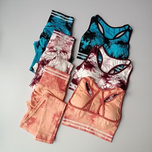 Gradient Tie Dye Gym Clothes 2 Pieces Set Women Yoga Set Sports Bra Seamless Leggings Workout Sportswear Fitness Running Suit