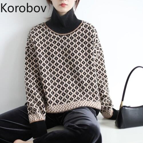 Korobov Korean Elegant Vintage Sueter Mujer 2020 New Arrival Women Sweaters Turtleneck Plaid Patchwork Female Pullovers