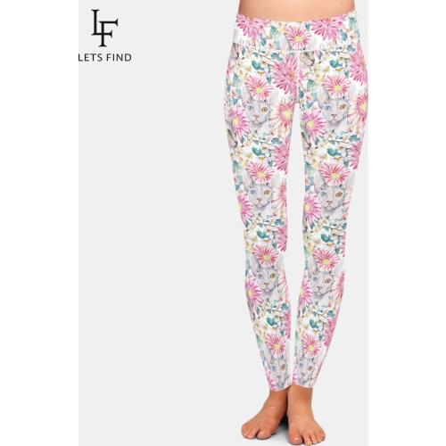 LETSFIND New Arrival Watercolor Cat and Chrysanthemum Print Plus Size Fitness Leggings High Waist Fitness Elastic Slim Leggings