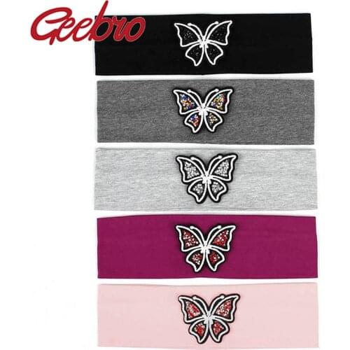 Geebro Fashion Popular Summer Casual Headband For Women Girls Butterfly Rhinestones Handmade band Cotton Hair Accessories DT728
