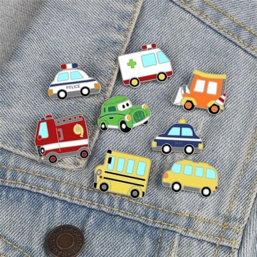 Fashion Classic Cartoon Cars Brooches Police Car Bus Ambulance Enamel Pins Icons Denim Lapel Bag Badges Jewelry For Girls Gifts