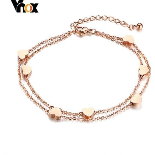 Vnox Heart Anklet Women Double Layer Rose Gold Color Foot Chain