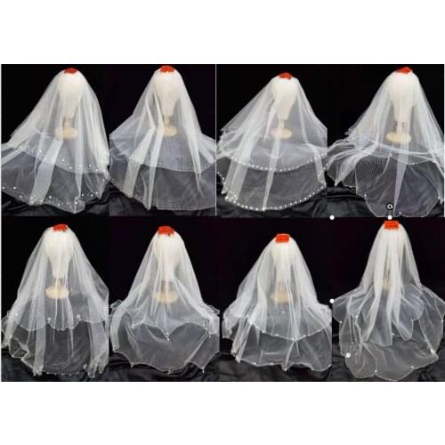 Wholesale 2-layer beaded lace bridal veil with wedding dress veil around hem beads 70+95cm