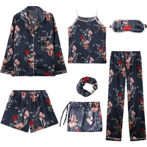 Pajamas Sets for Women Adult Sleepwear Long Sleeve Silky Satin Print Pyjamas Home Clothing Female 7Pcs Pijama Loungewear
