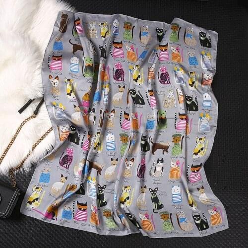Cat Silk Scarf Luxury 2020 New Fashion Square Scarf Cartoon Cat Pattern Soft Beach Foulard Femme Hijab Head Scarf Bandana Women