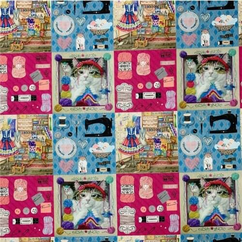 Tailor Machine Grandma Cat Print 100% Cotton Fabric for Girl Clothes Hometextile Cushion Cover Backpacks DIY
