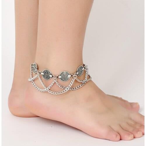 Vintage Punk Silver Color Tassel Chain Pendant Anklets For Women Retro Chic Coin On Leg Ankle Anklets Bohemia Beach Foot Jewelry
