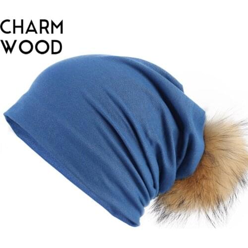 Womens Jean Beanie Hat with Raccoon Fur Pompom Winter Plain Slouchy Beanies with Real Fur Pompom Ladies Soft Cotton Skullies