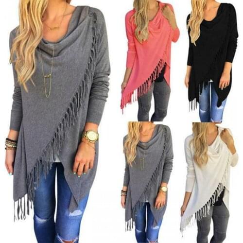 Womens Spring And Autumn New Casual Solid Color T-shirt Irregular Classic Tassel Long Sleeve Crew Neck Fashion Trend