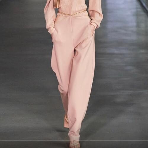 Women Hollow Out High Waist Pants With Chain Belt High Street Office Pants Women Trousers