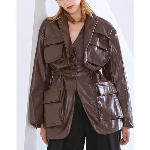 Women Brown Blazers Spring Autumn Patchwork Pocket Casual Notched Collar Long Sleeve High Street Coats Female 2021 New Clothing