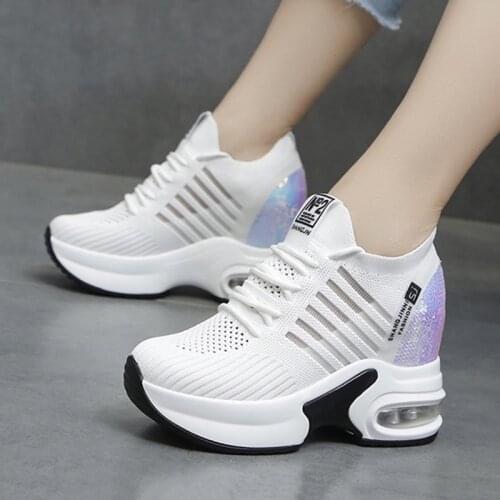 Womens Platform Wedge Shoes 9cm High Heel Increasing Ladies Casual Shoes Mesh Breathable Quality Woman Chunky Sneakers