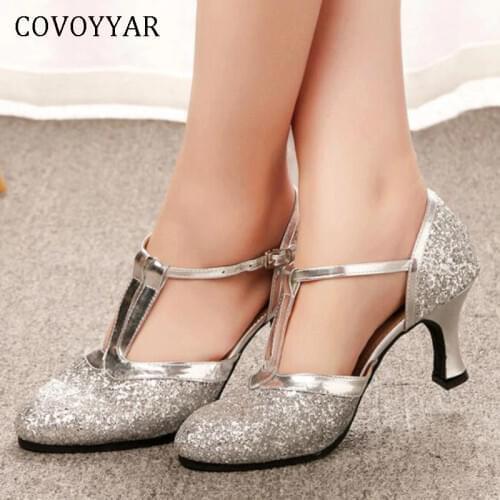 COVOYYAR 2021 Gold Silver Women High Heels Thick Heel T-strap Woman Pumps Latin Dance Shoes Female Wedding Party Shoes WHH196