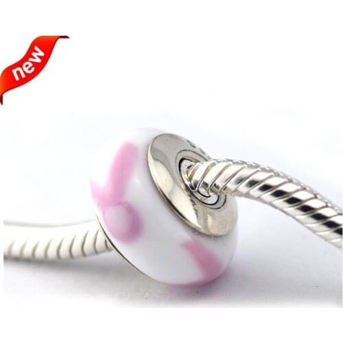 Fits Pandora Bracelet Real 925 Sterling Silver Pink Ribbon Murano Glass Beads Charm Women Fashion Jewelry berloques kralen