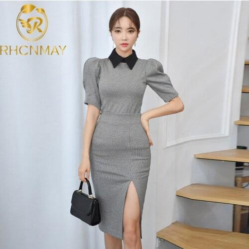 2021 Spring Korean Edition Lapel Plaid Bubble sleeve Half sleeve top and High waist Hip Wrap split skirt Two piece set