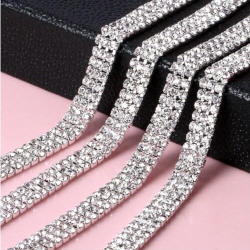 3mm 2 yard 3 Rows Crystal Rhinestone Cup Chain Silver Base With Claw Dress Decoration Trim Applique Sew on Garment Shoes Bags