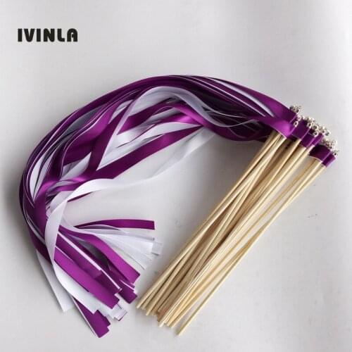 50pcs/lot purple & white stain ribbon wedding wands With sliver Bells for wedding decoration