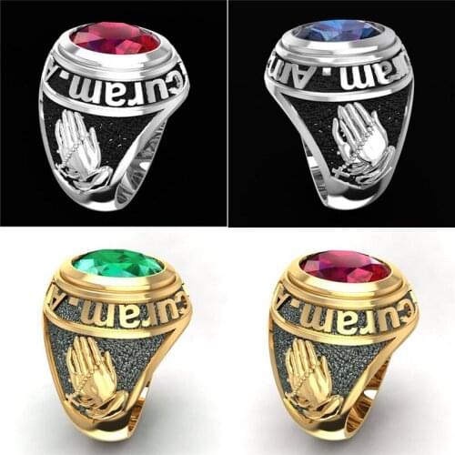 Big Oval Stone Red Green Blue Zircon Prayer Rings For Women Men Vintage Fashion Gold/Silver Color Ring Girl Male Antique Jewelry