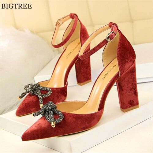 BIGTREE Elegant Butterfly-knot Pointed Woman Sandals Buckle Solid Flock Shallow High Heels Sandals Women Sexy Shoes
