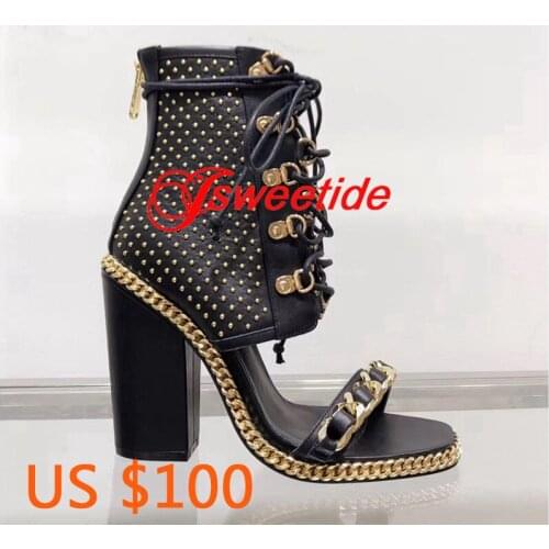 Sexy Chains Rope Women Sandals High Heels Lace Up Gladiator Rivets Thick heel Sandals Summer Ankle boots Sandals Woman