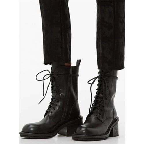 2020 New Black Genuine Leather Women Platform Ankle Boots Lace-up Chunky Heel Ladies Short Booties Cowboy Boots