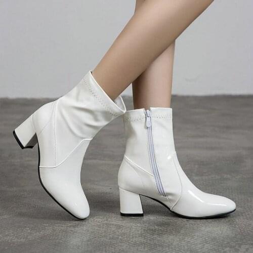 ZawsThia patent PU leather white black womens winter boots chunky high heels stretch booties zipper martin ankle boots woman