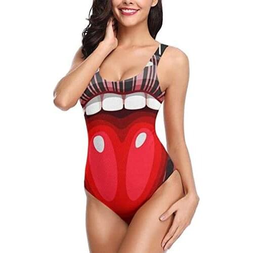 One-Piece Swimsuit Vertical Striped Red Lips Womens Backless Bikini Sexy Girl Summer Beach Swimwear High Waisted Bikini